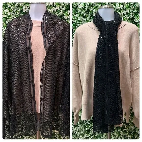 Vintageāblack scalloped sequin scarf lightweight dressy evening EUC - Picture 1 of 16